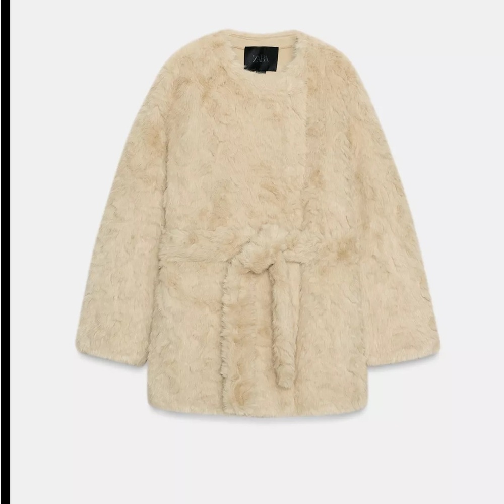 Zara Cream Teddy Jacket - faux fur belted coat